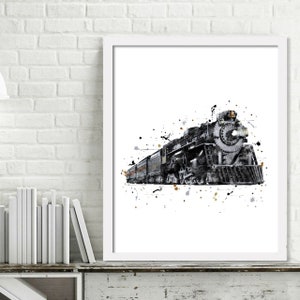May include: A black and white watercolor painting of a vintage steam locomotive train with a splash of gold and gray paint splatters on a white background.