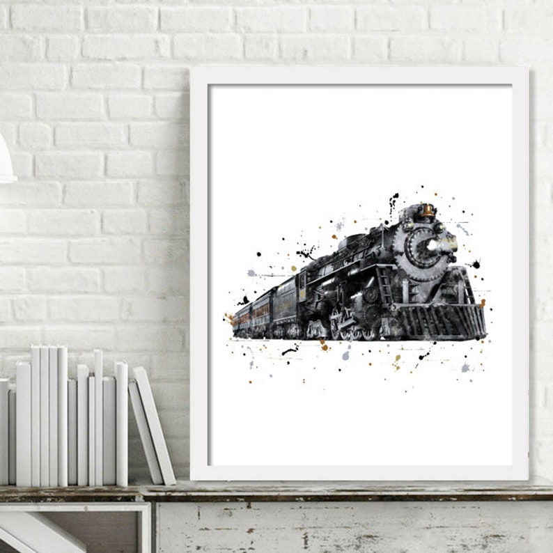 May include: A black and white watercolor painting of a vintage steam locomotive train with a splash of gold and gray paint splatters on a white background.