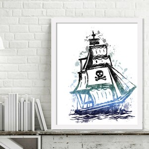 Printable Pirate Ship Wall Art, Watercolor Pirate Print, Pirate Room Decor, Pirate Wall Art, Pirate Nursery Decor, Digital Download