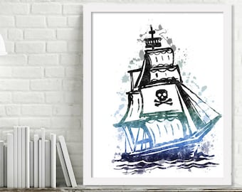 Arte de pared del barco pirata imprimible, impresión pirata de la acuarela, decoración de la habitación pirata, arte de la pared pirata, decoración del vivero pirata, descarga digital