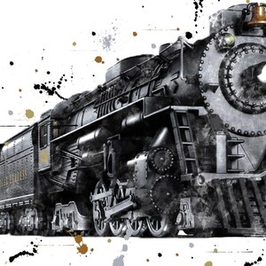 May include: A black and white vintage steam locomotive train with the words "Pennsylvania Express" on the side. The train is on a white background with black and brown paint splatters.