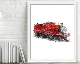 Printable James Engine Watercolor Train Wall Art, Boys Room Decor, Train Art, Steam Engine Print Thomas the Tank Engine, Train Printable