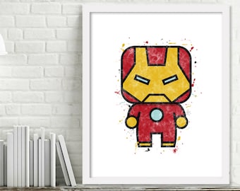 Afdrukbare superheld kinderkamer kunst met superheld aquarel kunst, superheld slaapkamer, Ironman aquarel Print, Mini superhelden, Ironman Print