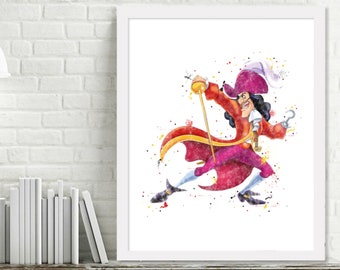 Printable Captain Hook Watercolor Wall Art, Peter Pan Room Decor, Captain Hook Print, Captain Hook Picture Instant Download