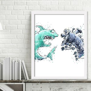 May include: A watercolor illustration of a cartoon shark with a toothy grin facing off against a cartoon train with a menacing expression. The shark is green and blue, while the train is black and gray. The background is white with splatters of paint.