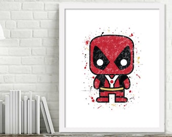 Afdrukbare superheld kinderkamer kunst met superheld aquarel kunst, superheld slaapkamer, Deadpool aquarel Print, Mini superhelden, Deadpool Print