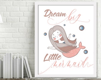 Printable Mermaid Wall Art, Nursery Printables, Mermaid Print, Dream Big Print, Printable Nursery Mermaid Printable Baby Shower Gift Girl