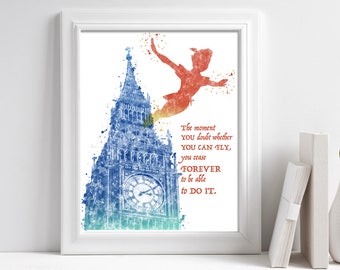 Imprimible Peter Pan cita, usted puede volar acuarela cita arte de la pared, niños libro arte impresión, citas imprimibles sobre la vida
