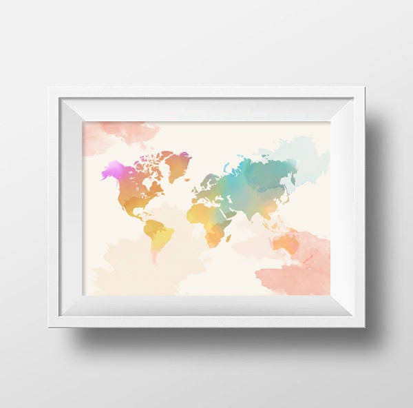 Watercolor Map, World Map Travel Poster, Map Printable, Travel Art ...