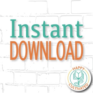 Puede incluir: Un fondo de pared de ladrillo blanco con el texto "Descarga instant&aacute;nea" en turquesa y naranja. Un logotipo circular con borde amarillo y fondo blanco presenta una planta verde que crece de un libro abierto con el texto "Happy Cultivated" en un c&iacute;rculo alrededor de la imagen.