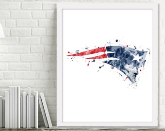 Pode incluir: Pintura em aquarela do logotipo do New England Patriots em vermelho, branco e azul com um efeito de respingo.