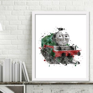 May include: A watercolor painting of a green and red train engine with a friendly face. The engine is surrounded by splatters of paint, giving it a whimsical feel.