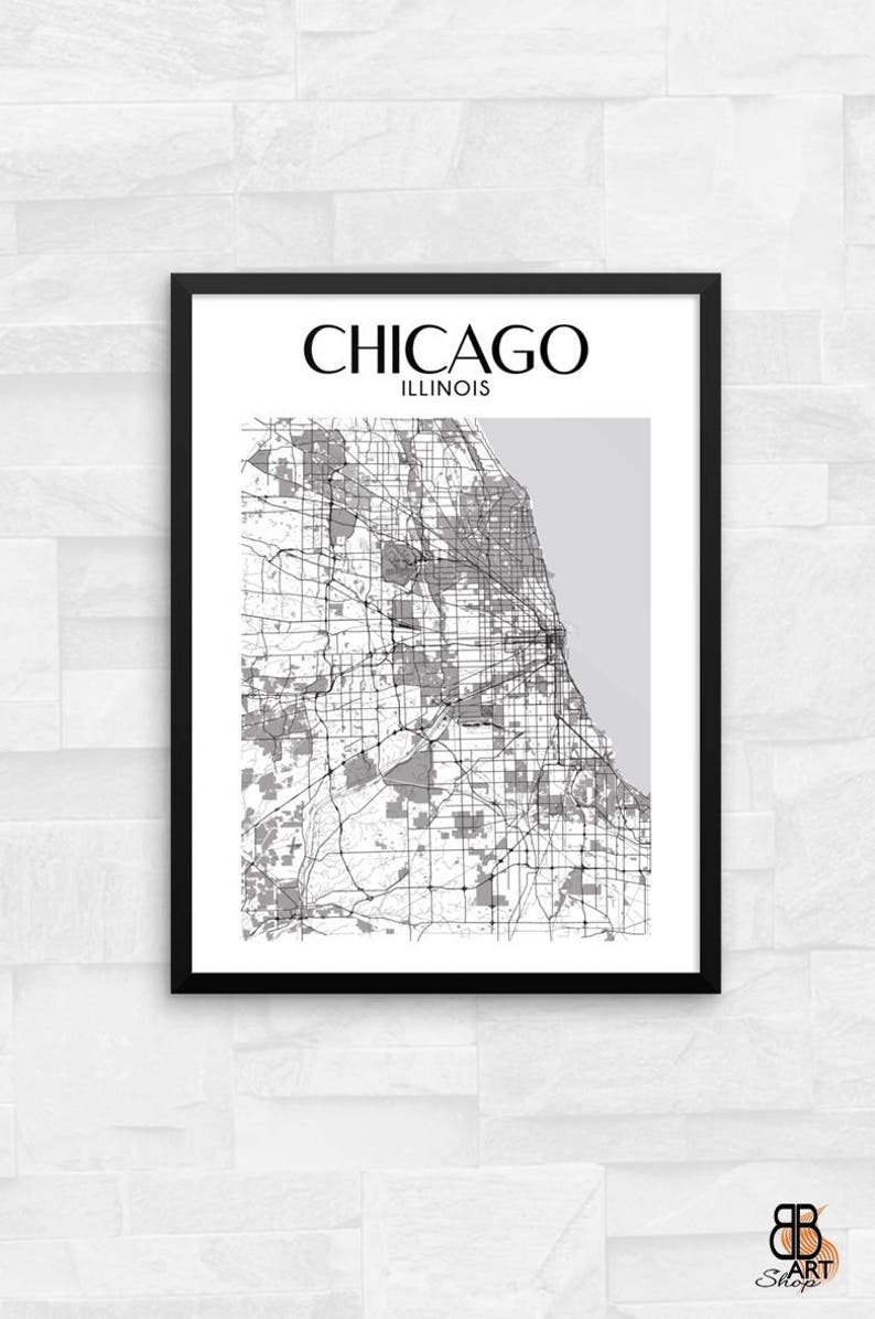 Chicago Map Chicago Wall Art Map of Chicago Framed Poster Etsy