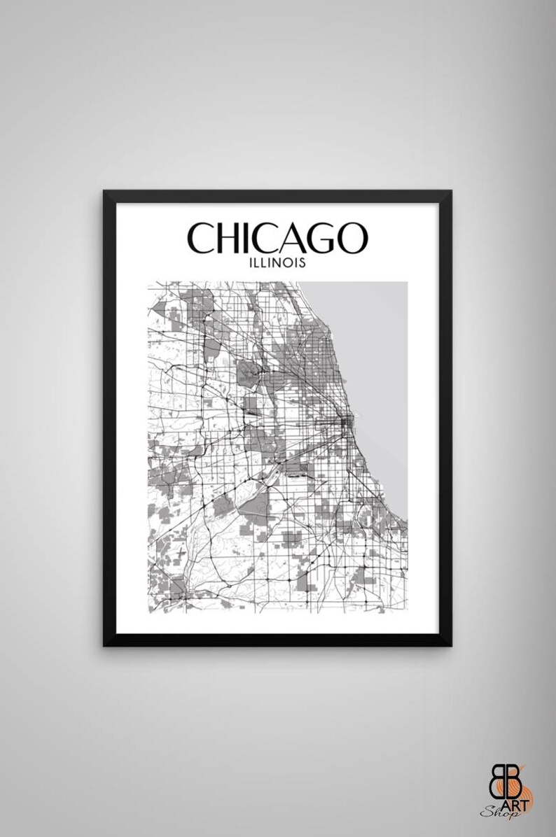 Chicago Map Chicago Wall Art Map of Chicago Framed Poster Etsy