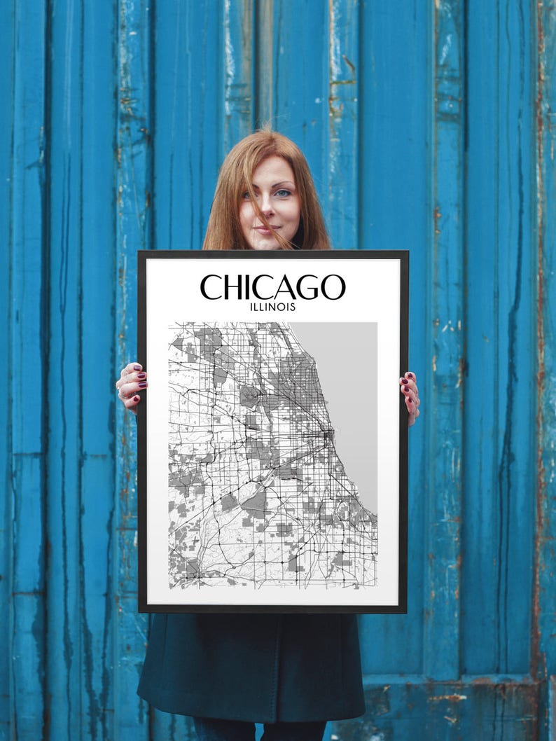 Chicago Map Chicago Wall Art Map of Chicago Framed Poster Etsy