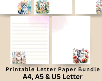 Printable Cat Stationery Bundle JW Letter Paper Template Cat Mom Writing Paper set A4 A5 Print Watercolor stationery gifts for her Notepad