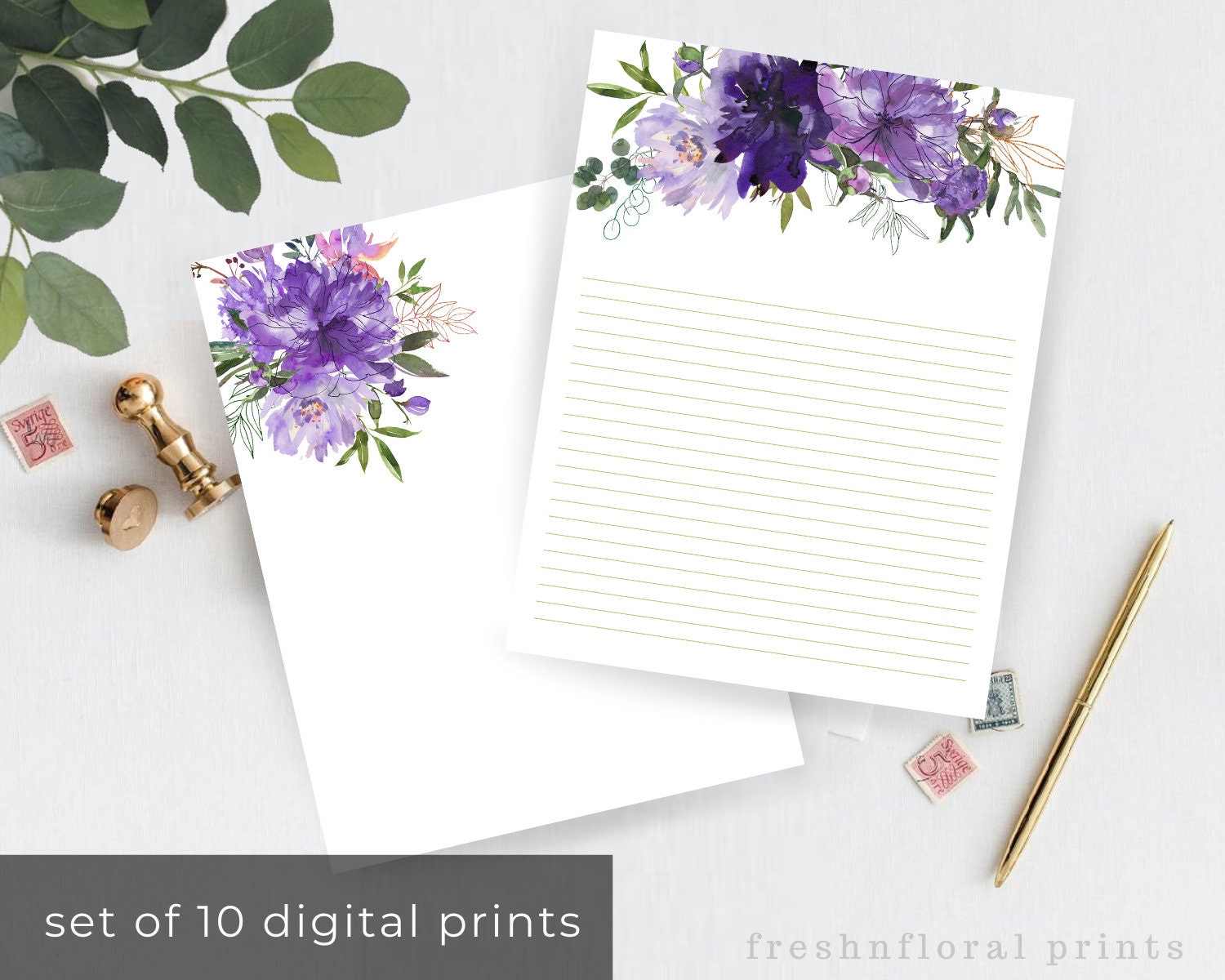 Floral Stationery Set Purple Floral Stationery Printable Etsy India