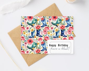 Printable Birthday Card Garden Boots for Mom Digital printable Cards for Her Greeting card Retro Birthday wishes card foldover printed cute