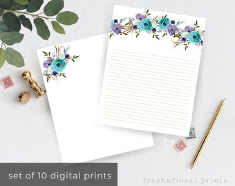 Floral Printable Stationary set, Floral Stationery, Teal and Blue , Letter paper, Instant download, Crafts and Supplies, High Quality Pdfs