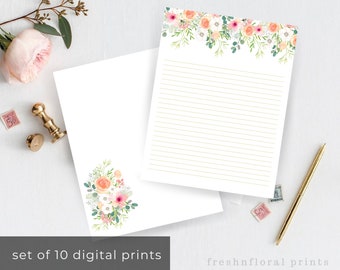 Printable Stationary set, set of 10, Floral stationery Paper, Peach and green, Floral Card Paper, Instant Downloads, Summer Elegance