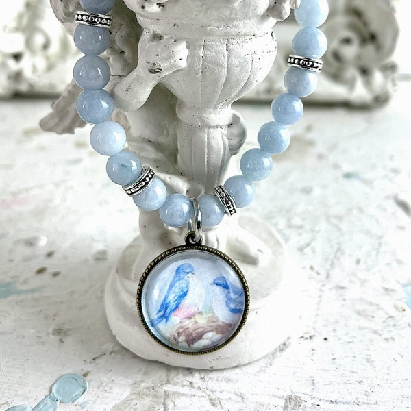 Shabby Chic Vintage Boho Bluebird and Nest Charm  Bracelet Aquamarine Quartz by Debi Coules