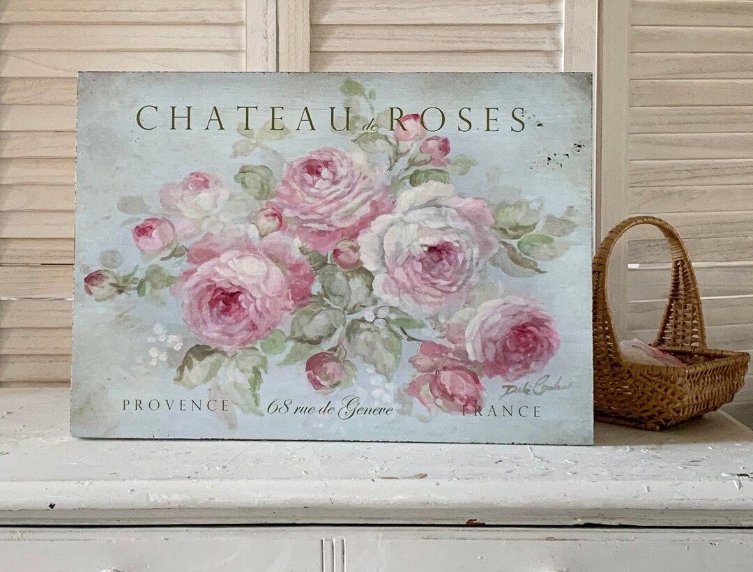 Shabby Chic French Chateau De Roses Pink Rose Sign Wood Wall Décor Art ...