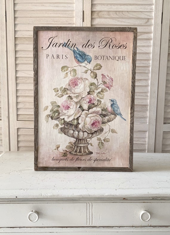 French Shabby Chic Rustic Bluebird Pink Roses Wood Print Wall Decor Rustic  Wood Framed by Debi Coules -  Norway