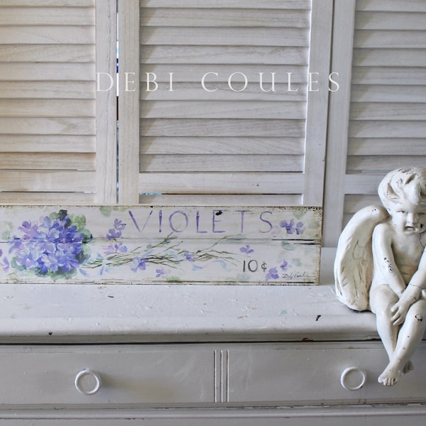 Shabby Chic Cottage Romantic Violets Wood Sign Wall Art by Debi Coules