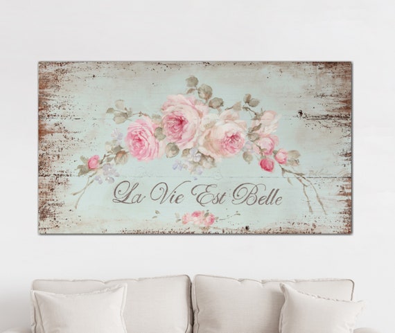 Shabby Chic Romantic Roses La Vie Est Belle Canvas Giclee Etsy Israel