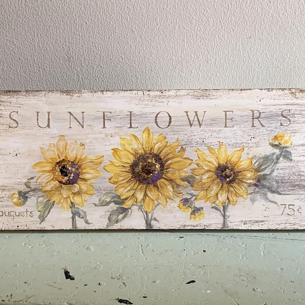 Sunflower Art Print Sign on Wood Cottage Style Flower Wall Decor by Debi Coules