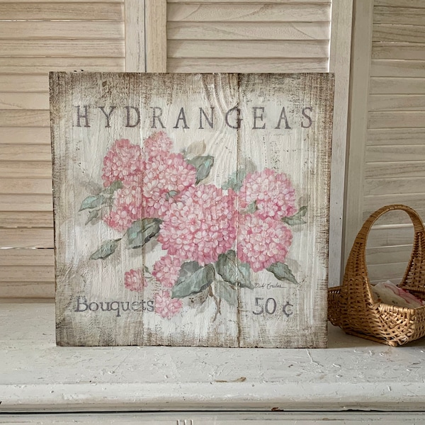 Shabby Chic Pink Hydrangeas Wood Print Sign Floral Wall Art Décor By Debi Coules