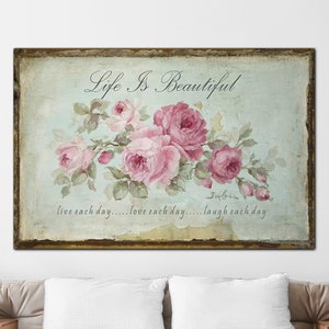 Stampa su tela con rose shabby chic: arte giclée floreale romantica