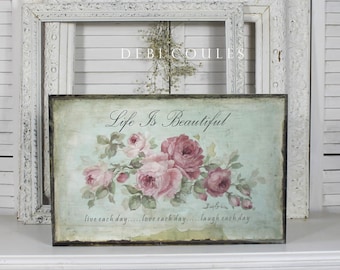 Shabby Chic Roses Wood Sign: Romantic Floral Art