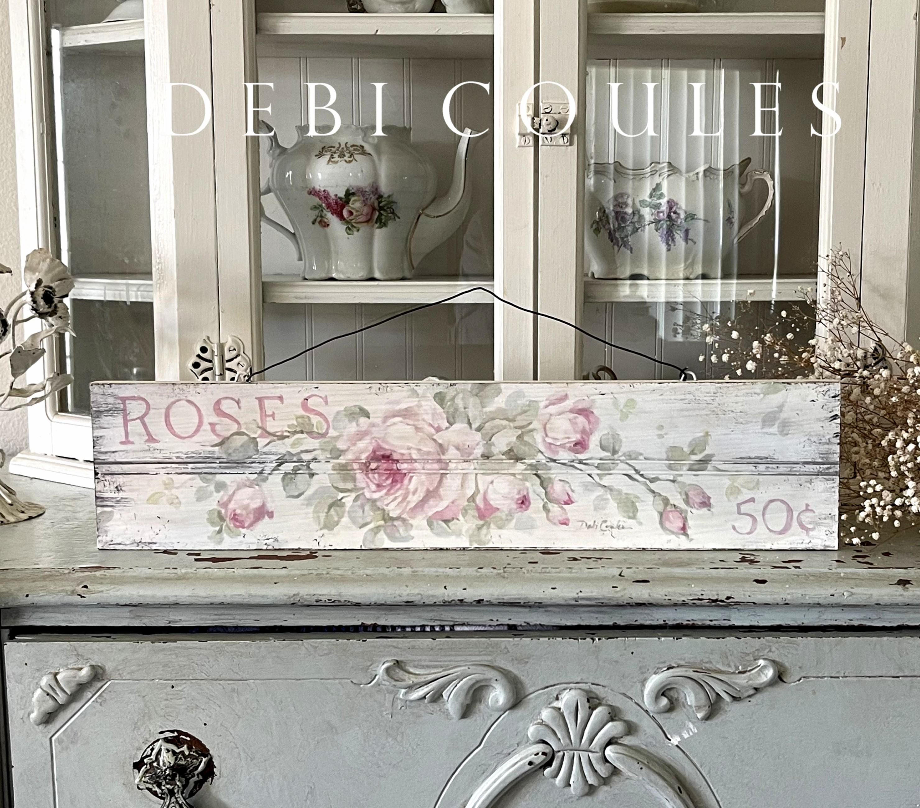Romantic Shabby Chic Vintage Style Roses 50 Cents Fine Art Wood Sign by Debi Coules