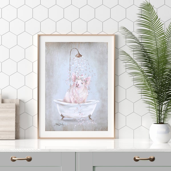 Pink Pig In A Tub Shower of Rose Petals Fine Art Print Modern Farmhouse Shabby Chic Rustic Rose Wreath Pig Bathroom Art by Debi Coules