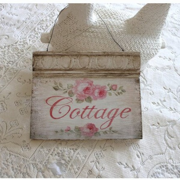 Cottage Roses Sign Wood Print by Debi Coules