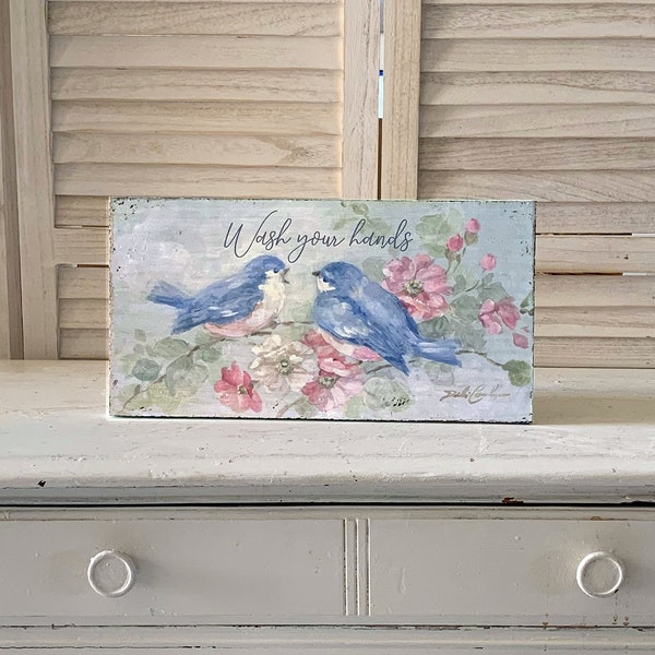 Shabby Chic Wash Your Hands Bluebirds Roses Wood Sign Wall Art by Debi Coules