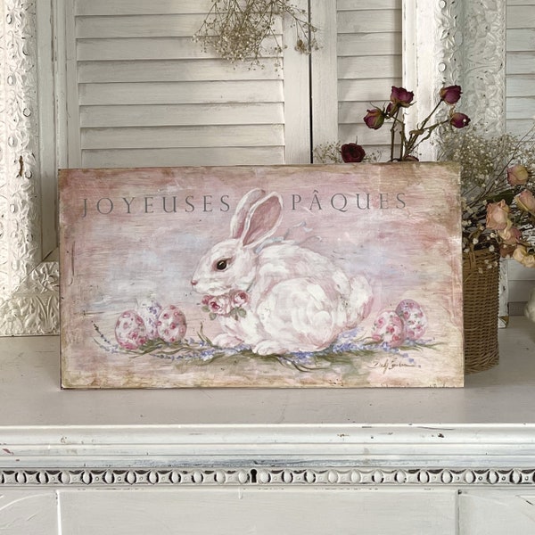 Shabby Chic French Saying Easter Sign " Joyeuses Paques" Happy Easter Wood Print by Debi Coules