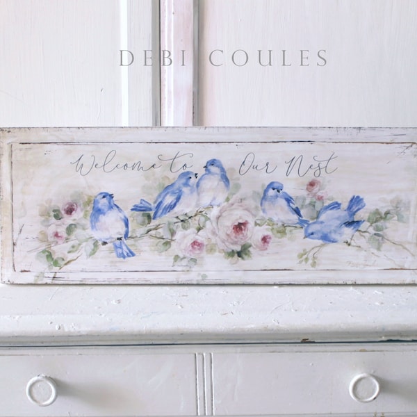 Bluebirds Roses Welcome Sign | Shabby Chic Cottage Core Wall Decor