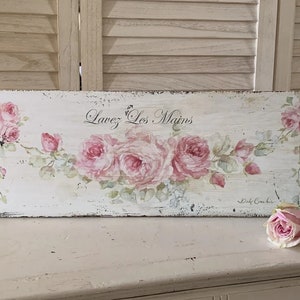 Shabby Chic Pink Roses Wood Print Sign Lavez les Mains (wash your hands) Flower Wall Décor by Debi Coules