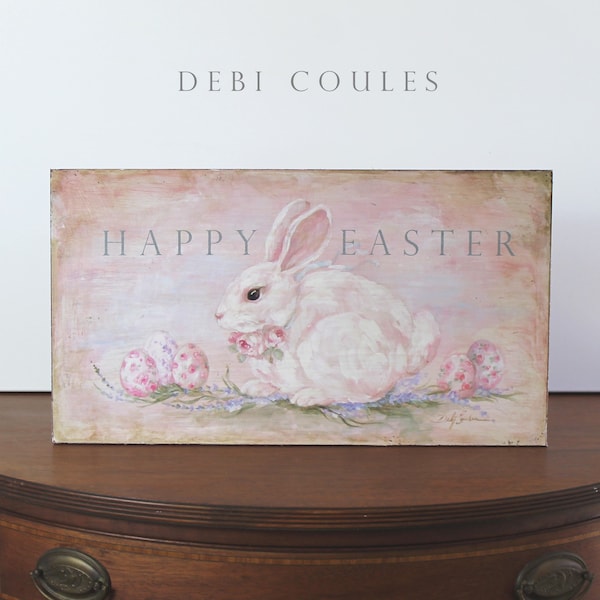 Happy Easter Vintage Style Bunny Sign Wood Print Romantic Cottage Shabby Chic by Debi Coules