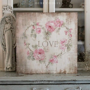 Shabby Chic Pink Roses Love Sign Wood Wall Art Floral Wall Decor By Debi Coules