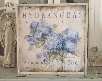 Shabby Chic Blue Hydrangea Framed Wood Print Floral Wall Decor