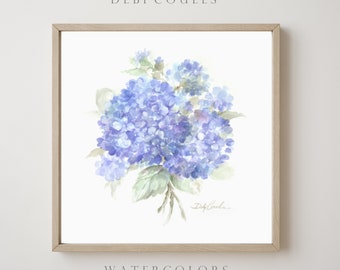 Blue Hydrangeas Watercolor, Giclee Paper Print by Debi Coules, Modern Farmhouse, Shabby Chic, Cottage. Hydrangeas with white background