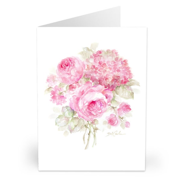 Shabby Chic Roses and Hydrangeas Notecards Heavy Stock Original Debi Coules Art Set of 5