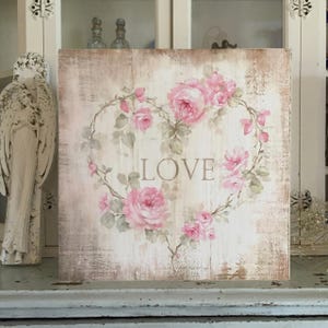 Pink Roses Wooden &quot;Love&quot; Sign|Floral Heart|Wooden Wall Art|wall decor|by Debi Coules|Modern Farmhouse|Cottage|Shabby Chic|Vintage style