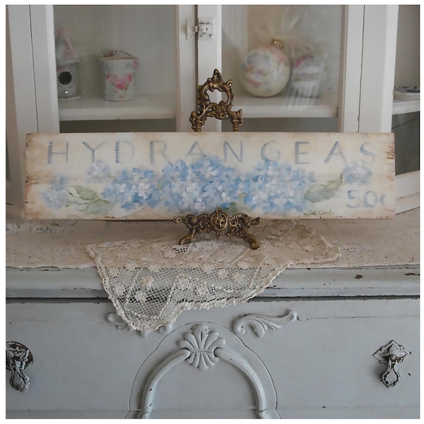 Hortensias Shabby Chic, Letrero de madera de 50 centavos, Arte mural floral, Debi Coules
