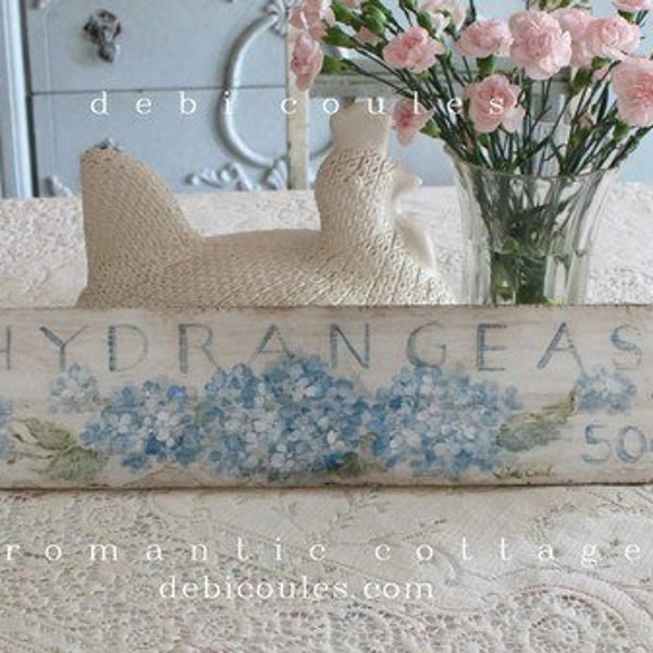 Shabby Chic Hydrangeas  50 Cents Wood Sign Flower Wall Art by Debi Coules