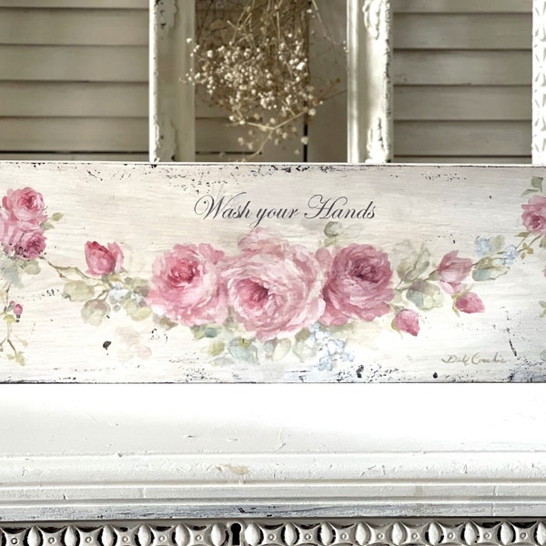 Shabby Chic Pink Roses Wood Print Sign Wash Your Hands Flower Wall Décor by Debi Coules