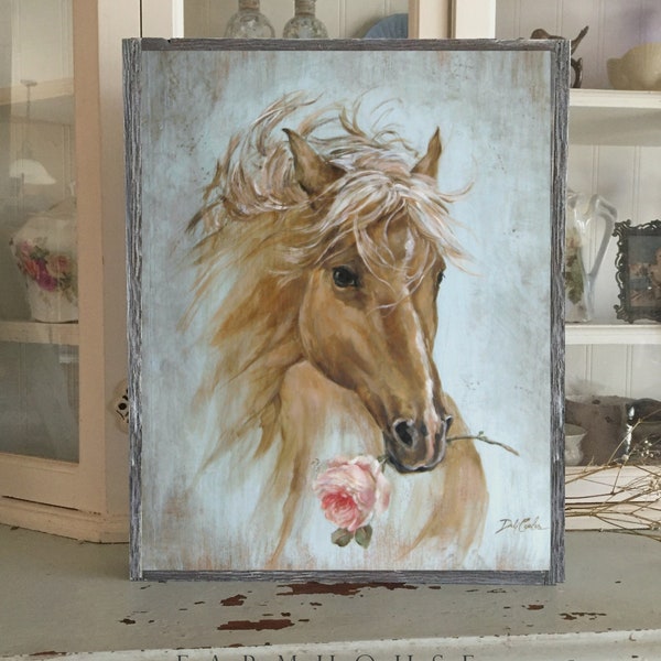 Shabby Chic Horse with Rose Barnwood Framed Run For The Rose Rustic Farmhouse Wall Decor by Debi Coules